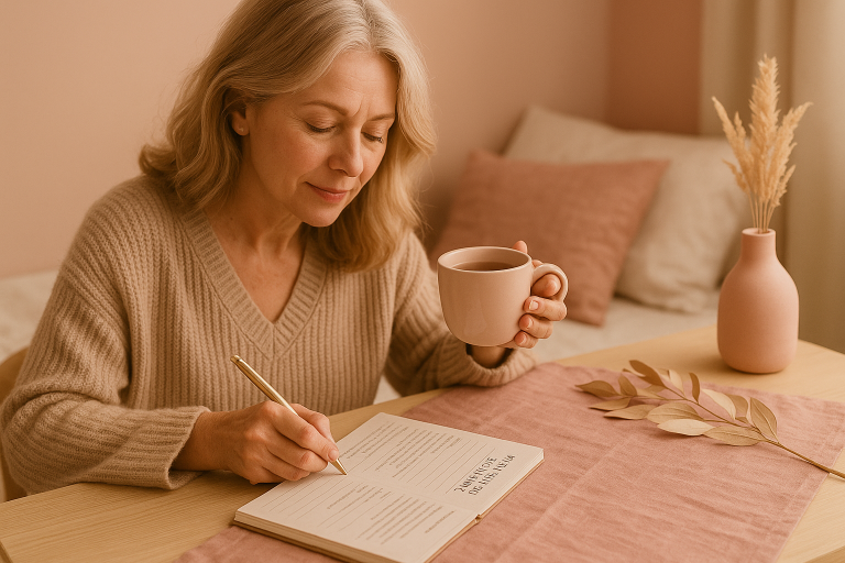 Midlife woman journaling with a cup of tea in a rose-toned room